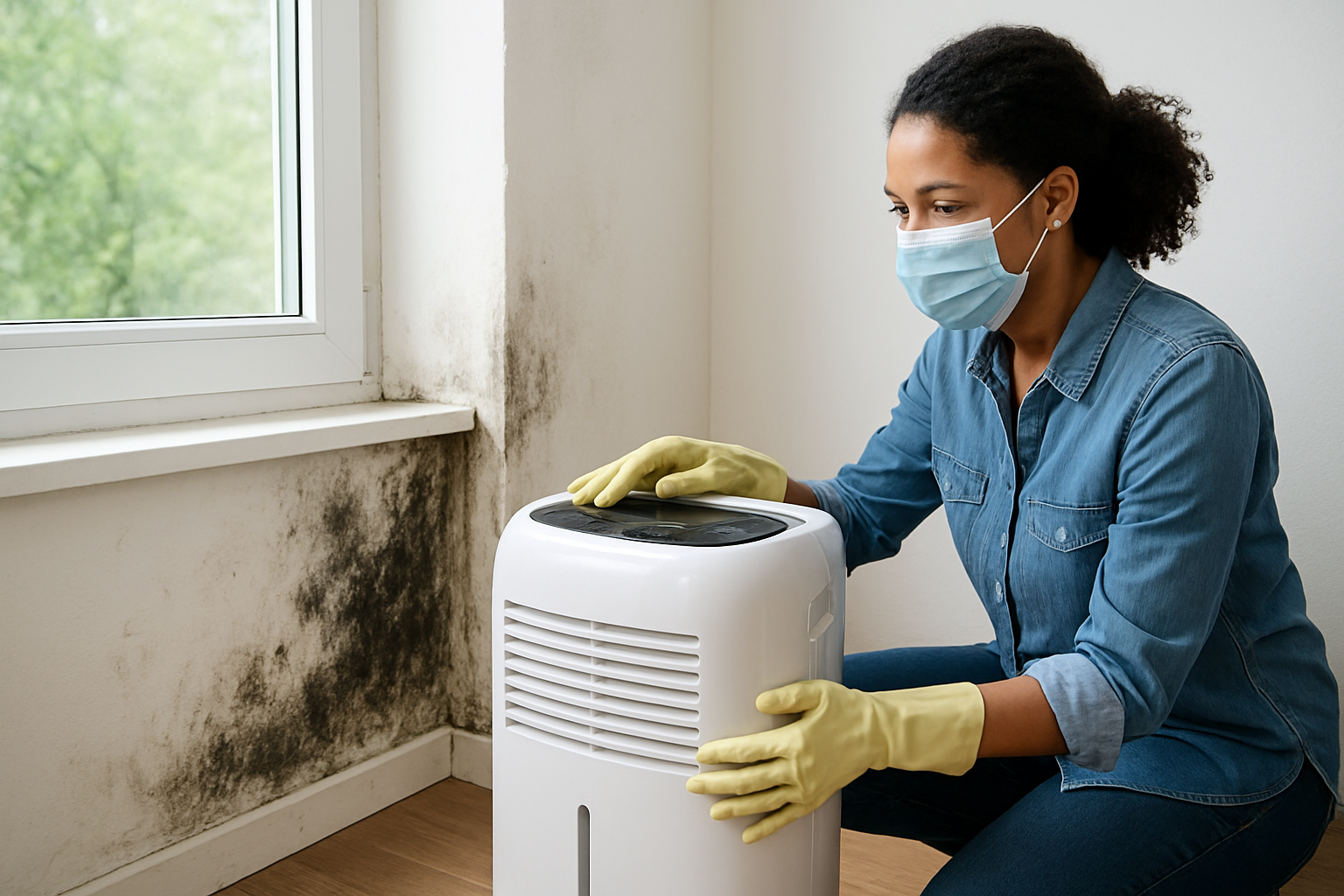 Moderner elektrischer Luftentfeuchter in einem Wohnraum mit Hygrometer