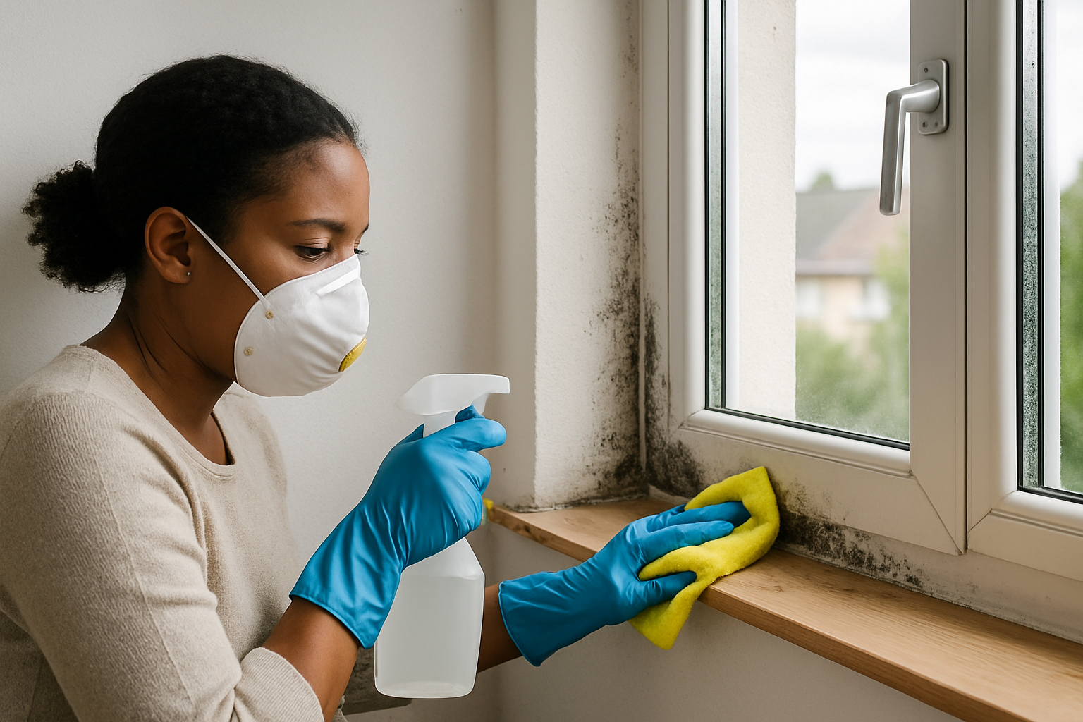 Schwarzer Schimmelbefall an einem weißen Kunststofffensterrahmen mit Kondenswassertropfen