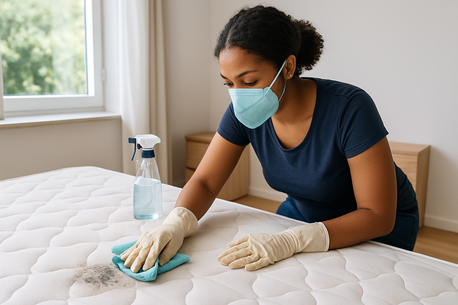 Nahaufnahme einer Matratze mit dunklen Schimmelflecken an der Unterseite und Ecke