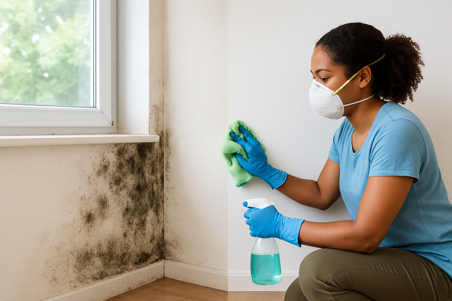 Schimmelbefall an einer Innenwand mit dunklen Flecken in der Ecke