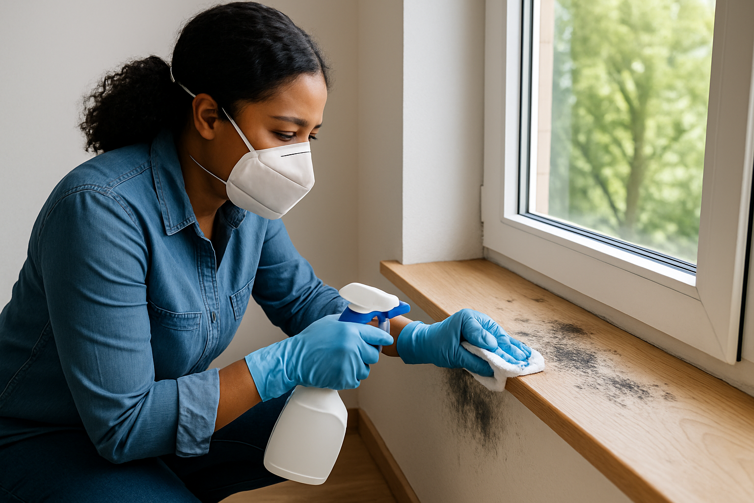 Schimmelbefall auf Holzoberfläche mit Behandlungsmitteln zur Schimmelentfernung