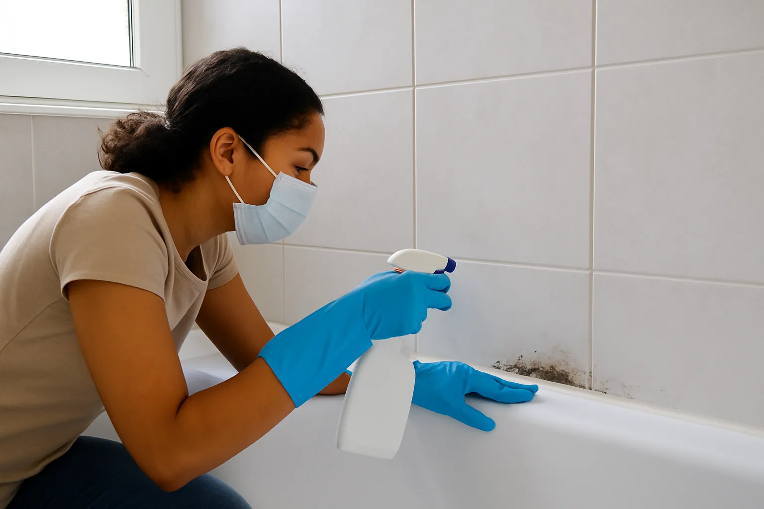 Schimmelbefall auf Silikonfugen im Badezimmer mit schwarzen Verfärbungen