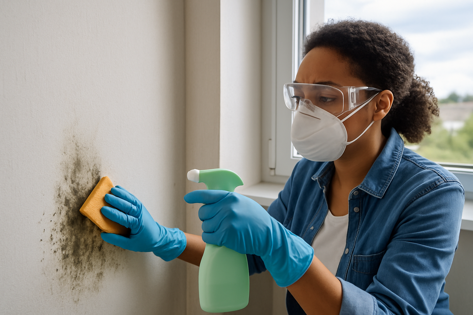 Schimmelbefall auf Tapete an einer Wand mit Werkzeugen zur Entfernung