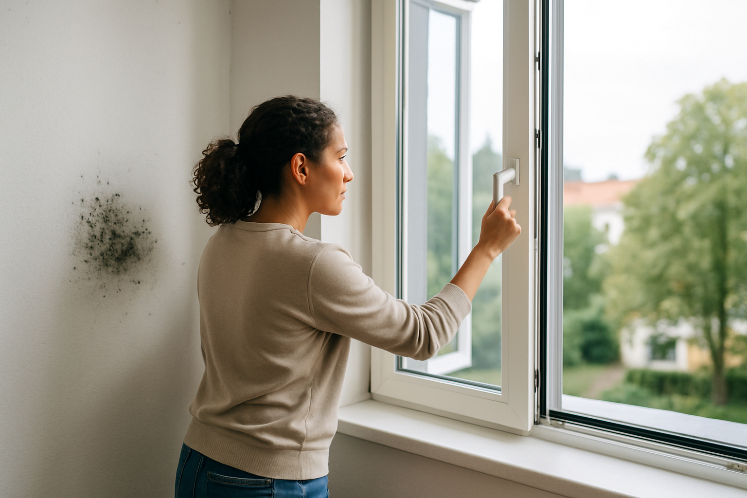 Frau öffnet Fenster zum Stoßlüften mit sichtbarem Luftaustausch und Hygrometer an der Wand