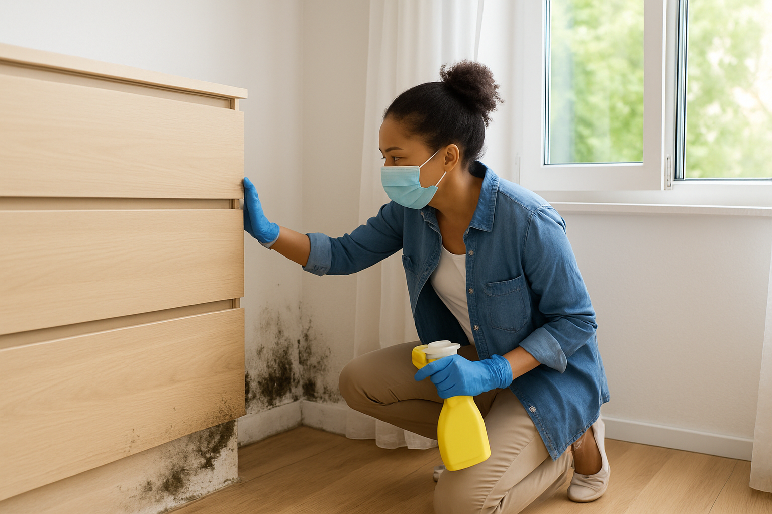 Schrank wird von der Wand weggerückt und zeigt Schimmelbefall dahinter