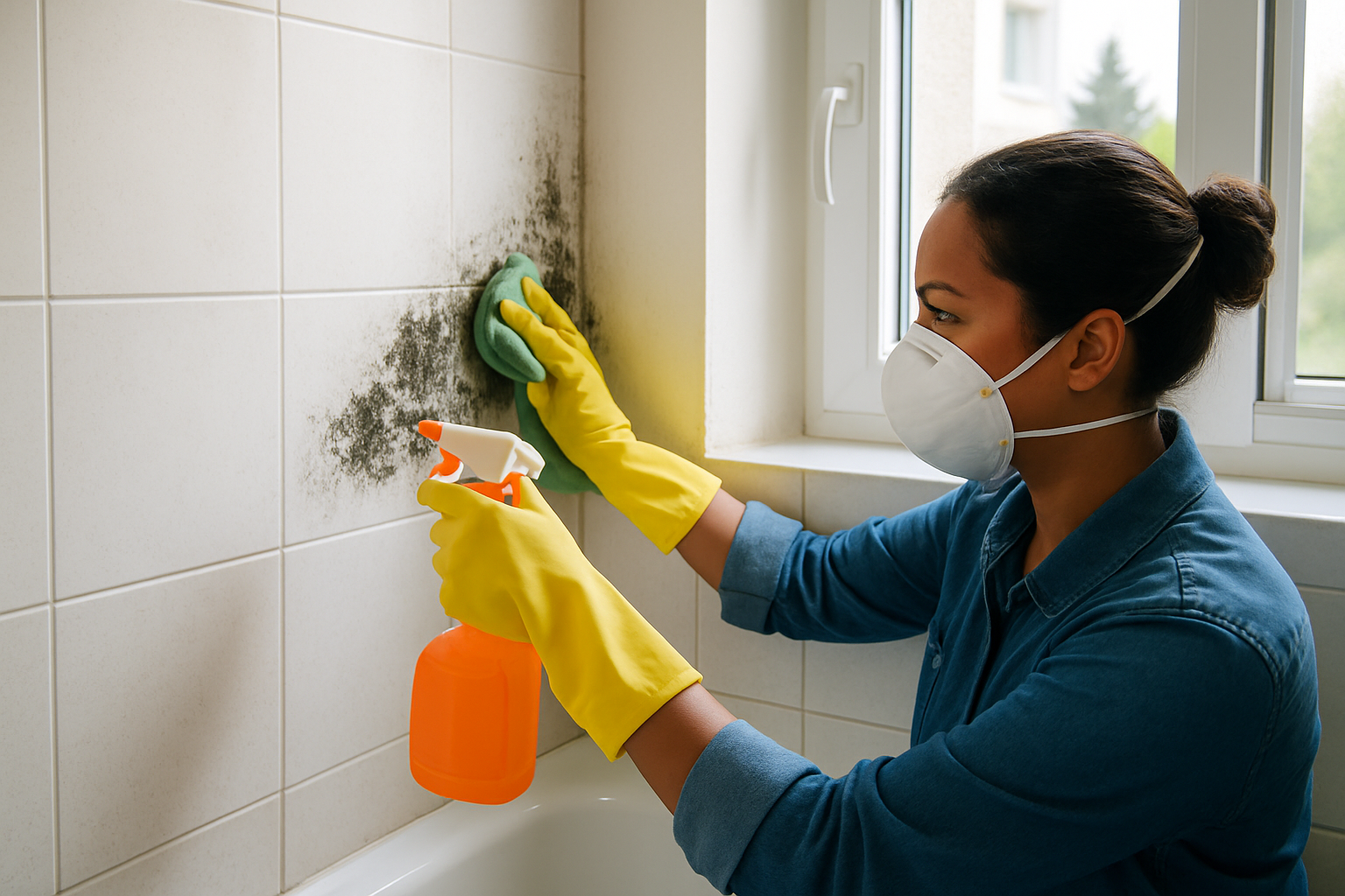 Badezimmer mit Schimmelbefall an Silikonfugen und Fliesen sowie offenes Fenster zum Lüften