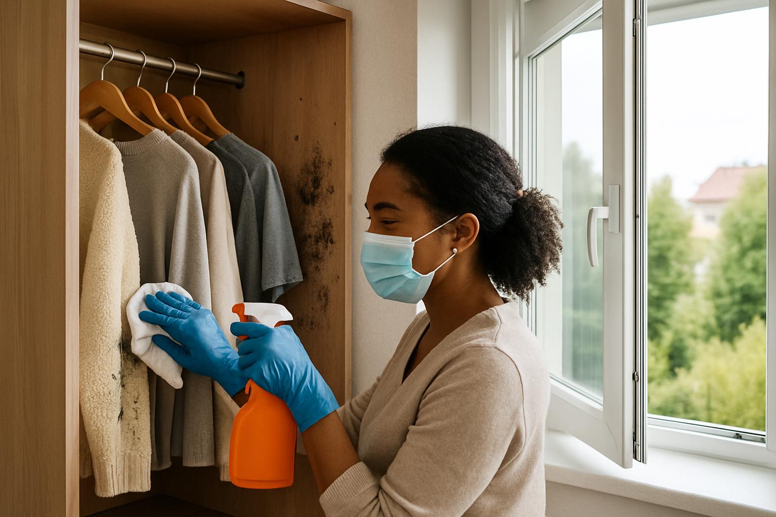 Geöffneter Kleiderschrank mit Schimmelbefall und verschimmelter Kleidung auf Bügeln