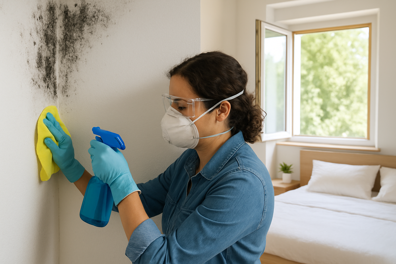 Schlafzimmer mit geöffnetem Fenster und Hygrometer zur Kontrolle der Luftfeuchtigkeit