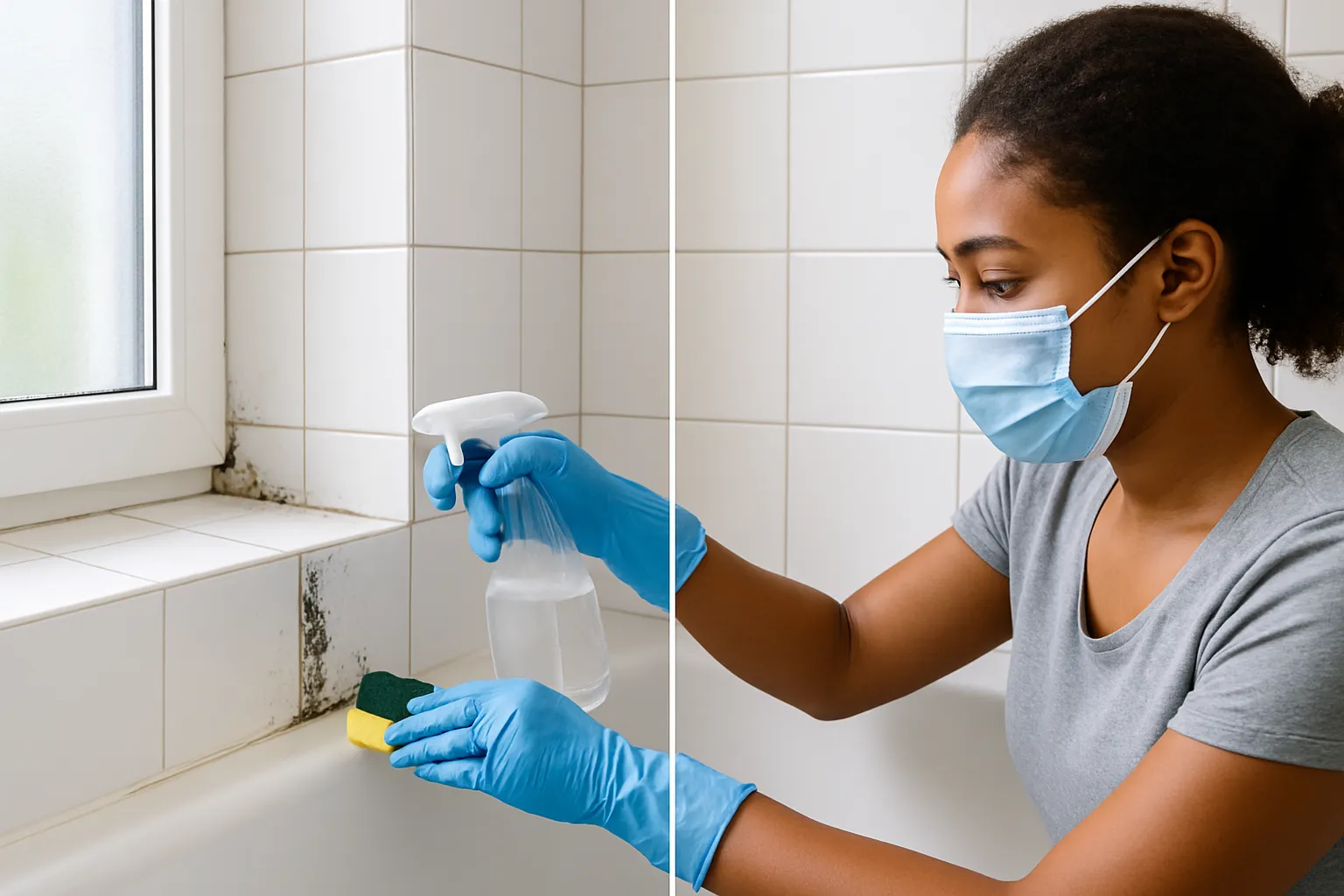 Verschimmelte Silikonfugen in weißem Badezimmer mit Reinigungsutensilien
